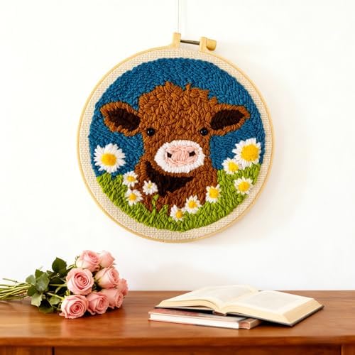 DIY Punch Needle Kits Highland Cow with Daisy Flower with Hoop 20x20cm-1 - Image 5