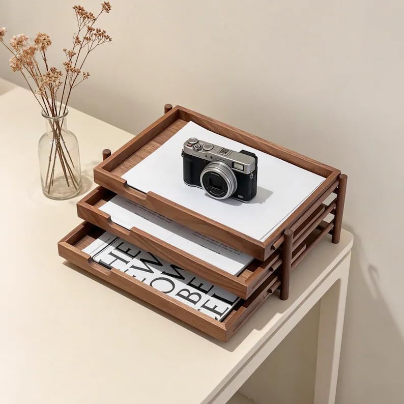 Walnut Wood Desk Organizer with 3 Drawers, Modern Minimalist Desktop Storage Tray, Multilayer Document Holder for Office Home Study, Natural Brown Wooden Desk Caddy - Image 2