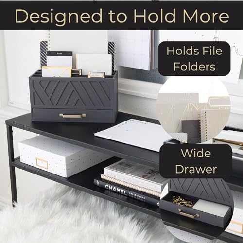 BLU MONACO | Grey Three-Tier Desktop Mail Organizer with Gold Label Holders & Drawer | Stylish Mail Holder and Countertop Document Storage for Home or Office - Image 4