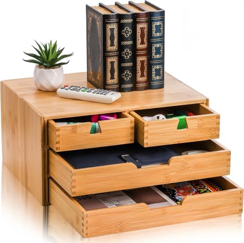 DEAYOU Bamboo Desk Organizer, 100% Natural Bamboo Desktop Drawer Organizer, Tabletop Storage Cabinet Organization Box with 4 Drawers for Makeup, Letter, Home Office Supplies, 3-Layer, Fully Assembled by DEAYOU
