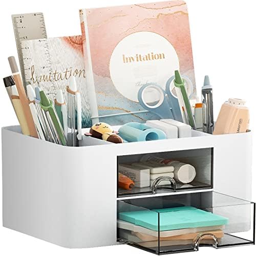 Marbrasse Pen Organizer with 2 Drawer, Multi-Functional Pencil Holder for Desk, Desk Organizers and Accessories with 5 Compartments + Drawer for Office Art Supplies (White) by Marbrasse