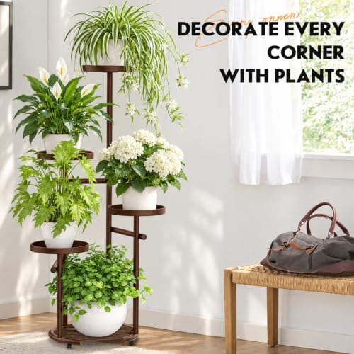 TOSKING Tall 5-Tier Round Metal Corner Plant Stand Indoor, Anti-Tip, Brown - Image 5