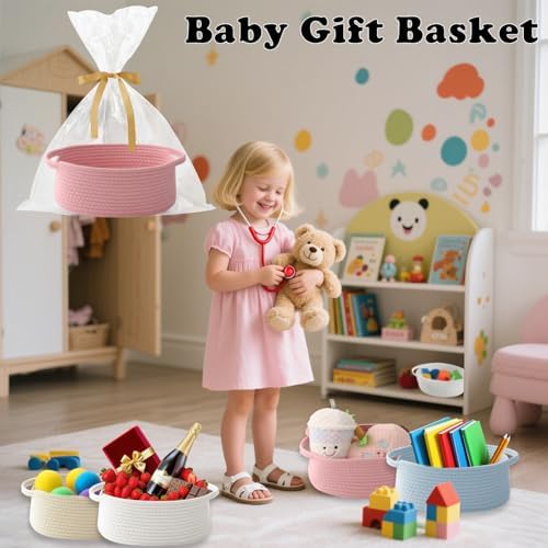 Pink Woven Rope Basket - Baby Gift Basket with Bag & Ribbon - Image 5
