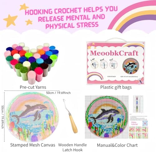 MeoobkCraft Latch Hook Rug Kits for Adults, Dolphin Latch Hook Kit, Ocean DIY Beginner Craft, Home Decor 19.7x19.7in - Image 4
