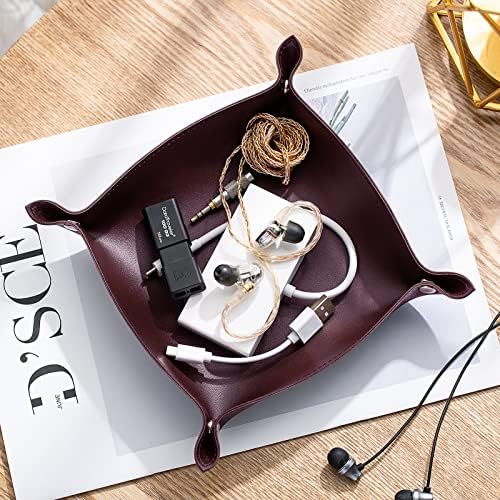 Leather Jewelry Valet Tray for Women and Man, Portable Entryway Table Tray Bedside Nightstand Desk Tray Small Catchall Travel Dish Plate for Key,Wallet,Watch,Coin(8x8, Deep Brown-B) - Image 4