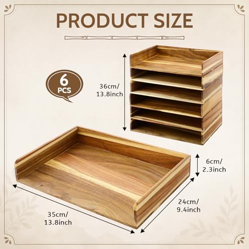 Novabright 6 Pcs Stackable Paper Organizer Tray Acacia Wood Desk Organizer Letter Tray Desktop Letter Size Office Wooden Desk Shelf Paper Holder Folder Organization Rack for File Document (Acacia) - Image 2
