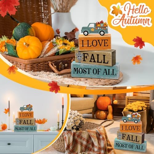 Moucuny 4 Pcs Fall Truck Table Decor, I Love Fall Wood Block Sign Home Tray - Image 5