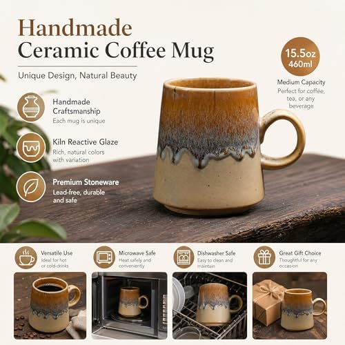 15oz Retro Japanese style Handmade Ceramic Coffee Mug - Unique Vintage Pottery tea cup, Lead-free Artisanal stoneware ceramic tea mug, Dishwasher & Microwave Safe Coffee cup for office and home - Image 3