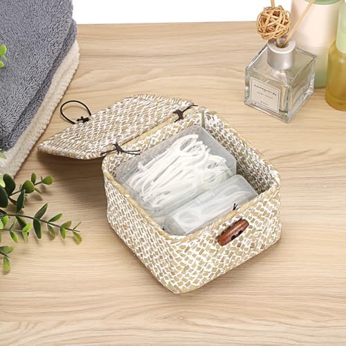 Hipiwe Handwoen Seagrass Basket with Lid Mini Woven Wicker Box,3.5"x3.5"x2" - Image 4