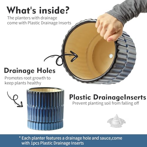 HASENSE Ceramic Pot for Plants, 3-Pack (8/6/4.6 inch) Medium Flower Planter with Drainage Holes & Tray, Rective Glaze Plant Pots Indoor with Ribbed Design, Kithen Home Office Decor, Blue - Image 6