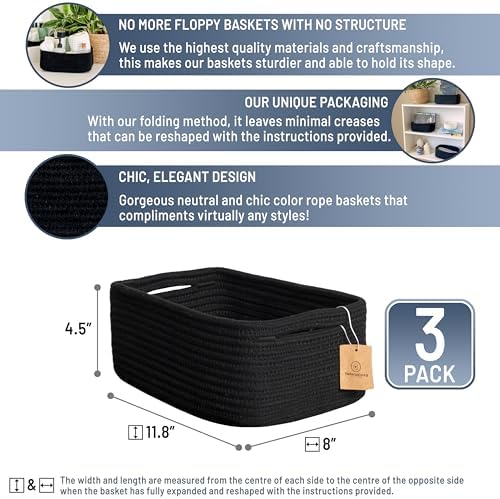 NaturalCozy 11.8"x8"x4.5” Rectangle Storage Baskets for Shelves 3 Pack | Cotton Rope Woven Small Baskets for Organizing | Small Storage Bins for Nursery, Bathroom, Closet, Shelf, Decorative, Gift - Image 2