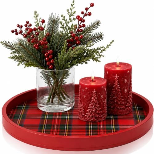Novabright 11.8" Round Red Christmas Tartan Plaid Wooden Serving Tray by Unknown