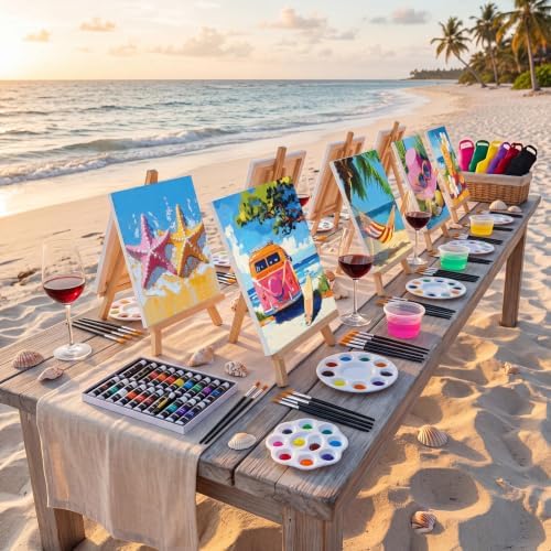 Cholemy 6 Set Paint and Sip Kit for Adults 8"x 10" Pre Drawn Canvas Painting with Wooden Easel Acrylic Paint Wash Cup Brushes Palette Apron for Painting DIY Adult's Date Party Supplies(Hawaii) - Image 5