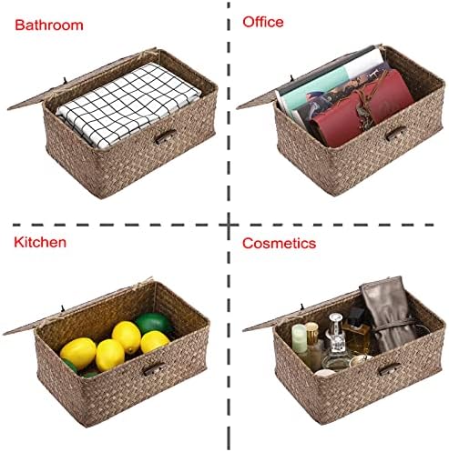 Hipiwe Wicker Shelf Baskets Bin with Lid Small Handwoven Storage Basket Box - Image 4