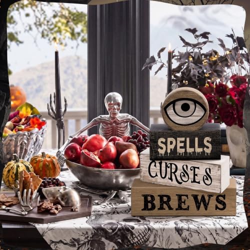 Moucuny 4 Pcs Halloween Table Decor Witchy Wooden Stacked Block Decor - Image 6