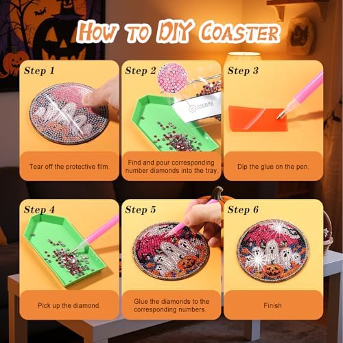 Zynlio Halloween Diamond Paintings Coasters Kits Set with Holder, Halloween Diamond Art, DIY Diamond Crafts Coasters for Adults, Diamond Art Painting Kits for Women, Beginners, Diamond Craft Supplies - Image 3