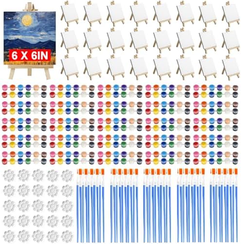 25 Pack 6 x 6 Inch Mini Canvas and Easel Set with Paint, Small Canvases for Painting with Easel Stand and 12 Colors Mini Paint Set, Bulk Students Acrylic Canvas Painting Kit for Paint Party Supplies by Unknown