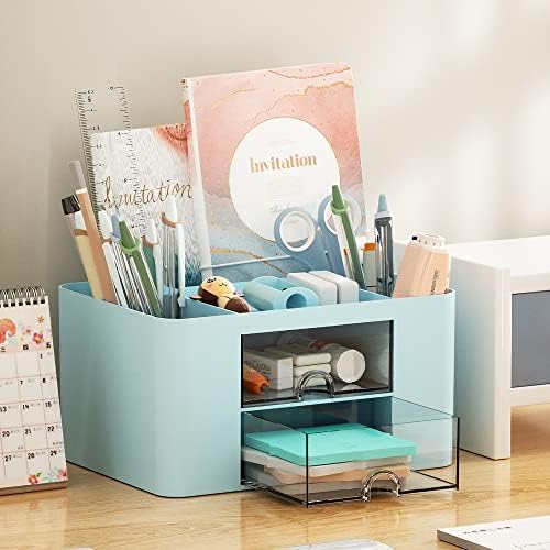 Marbrasse Pen Organizer with 2 Drawer, Multi-Functional Pencil Holder for Desk, Desk Organizers and Accessories with 5 Compartments + Drawer for Office Art Supplies (Blue) - Image 5