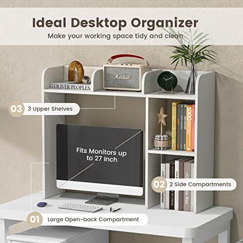 GIANTEX Desktop Bookshelf, Wood Desk Hutch Organizer for 27 Inch Computer Monitor, Countertop Storage Display Rack with 5 Shelves, Multipurpose Desktop Shelf Bookcase for Dorm Office Home, White - Image 4