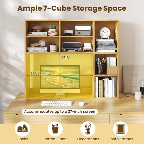 Giantex Desktop Bookshelf, Desk Hutch Dorm w/ 7 Cubes & 3 Adjustable Shelves, Desk Shelf for Up to 27" Computer Monitors, Wooden Desktop Storage Organizer for Dorm College Office Home (Burlywood) - Image 4