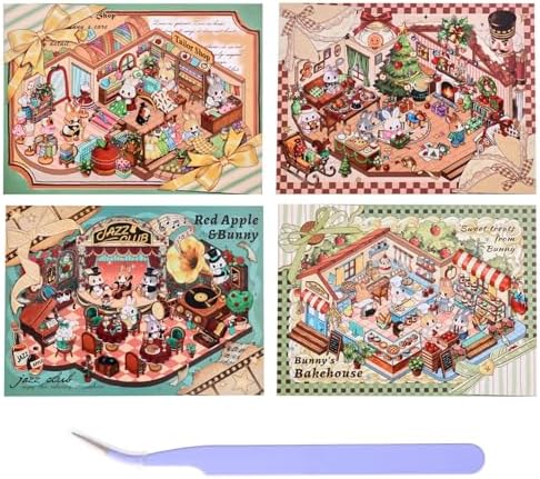 Girls 3D Miniature Scene Stickers,4 Sets Apple Bunny DIY House Stickers for Shiny Tailor Shop, Christmas Cottage, Jazz Club, Sweet Baking,3D Sticker Scenes for Adult Kids Relief Stress Pass The Time by VYRANA
