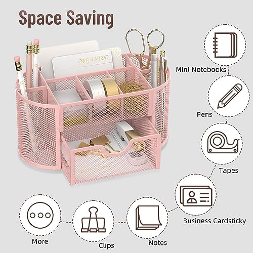 Mesh Desk Organizer with Drawer, 9-Compartment Pen Holder for Desk, Pink - Image 3