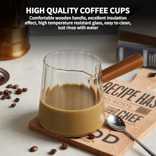 Espresso Measuring Cup 12 Oz, Espresso Glass Cups with Wood Handle, Milk Frothing Cup, Espresso Cup for Coffee, Milk, Tea or Maple Syrup Serving (Transparent, 12 oz) - Image 4