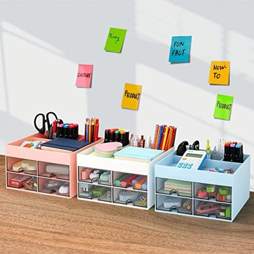 LETURE Office Desktop Organizer with Drawer, Desk Top Accessories Stationary Organizer Desk Caddy, Pen/Pencil/Business Card/Sticky Note Tray/Paperclip Holder Storage Box (Pink) - Image 2