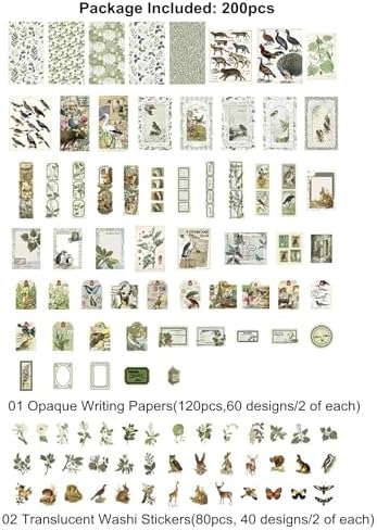 Esweny 200PCS Vintage Scrapbooking Supplies Pack, Aesthetic Scrapbook Sticker Paper Art Journaling Kit for Junk Journals,Planner,Cottagecore Decor Gifts (Green Series) - Image 2