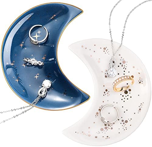 Patelai 2 Pieces Moon Trinket Tray Jewelry Plate Trinket Dish Tray Ring Ceramics Jewelry Dish Gifts for Rings, Earrings, Bracelets, Necklaces, Crystals Stones(Blue, White) by Patelai
