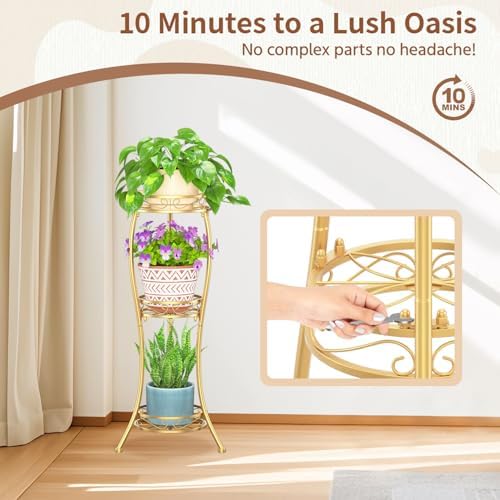 LASZOLA 3 Tiers Metal Corner Plant Flower Stand Tall Indoor Outdoor, Gold - Image 6