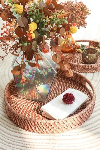 HITOMEN 14.2" Hand-Woven Round Rattan Serving Tray Decorative Ottoman Wicker Platter with Handles for Coffee Table, Breakfast, Drinks, Snack, Bread, Fruit, Vegetables (Honey Brown-L) - Image 2