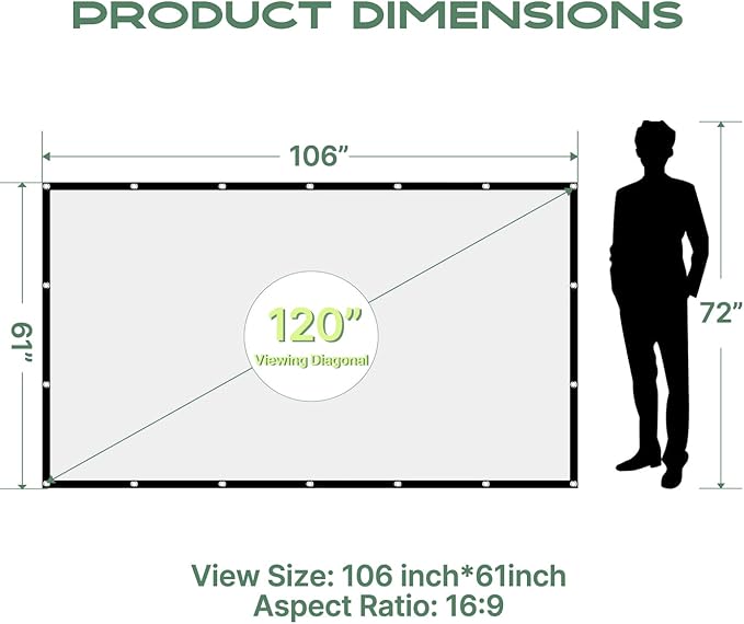 AAJK Projector Screen 120 inch, Washable Projector Screen 16:9 Foldable Anti-Crease Portable Projector Movies Screen for Home Theater Outdoor Indoor Support Double Sided Projection