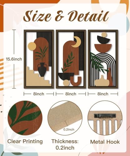 Putuo Decor Boho Wall Art Set of 3 Modern Minimalist Wooden Wall Decor Abstract Terracotta Room Decorations Mid Century Artwork for Living Room Bedroom Office in Terracotta Noir 16.5 x 8.6 Inch - Image 3