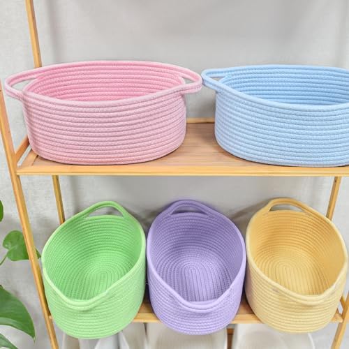 ABenkle Small Basket with Handles, Boho Decorative Rope Woven Dog Cat Toy Storage Bin Shelf Storage Organizer, Easter Christmas Gift Basket, 12"x8"x5", Pink - Image 3