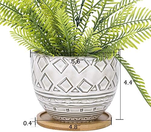 VanEnjoy 5.5 inch Large Round Bohemian Style Ceramic Planter, Geometry Engrave Off White Brown Succulent Planter Flower Pot - Indoor Outdoor Decorative Planter - Image 2
