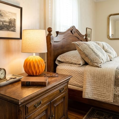 Orange Ceramic Table Lamp with Linen Shade, Small Bedside Lamp for Bedroom - Image 2