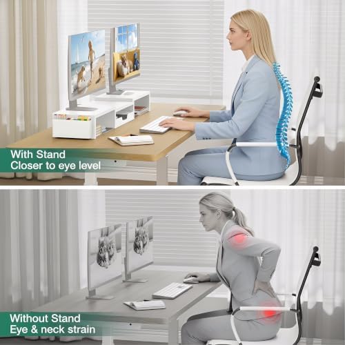OPNICE Desk Organizer and Accessories, Computer Monitor Stand Riser with Drawer and 2 Pen Holders, Laptop Stand, Office Desk Accessories for Office Supplies, White - Image 4