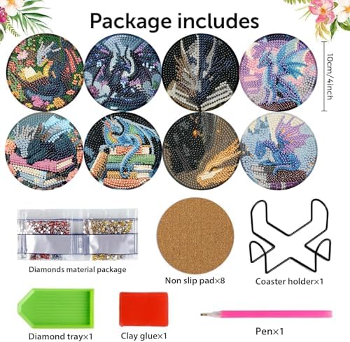 NEGEKFKX 8 Pcs Dragon Book Diamond Art Painting Coasters Kits, Coaster with Holder for Adults, Non-Slip DIY Dot Paint Craft Kits,5D Full Drill DIY Diamond Dot Gem Art Kit Home Decor Arts Craft - Image 4