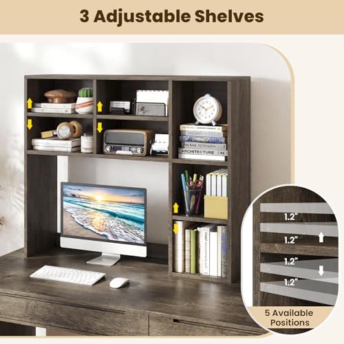 Giantex Desktop Bookshelf, Desk Hutch Dorm w/ 7 Cubes & 3 Adjustable Shelves, Desk Shelf for Up to 27" Computer Monitors, Wooden Desktop Storage Organizer for Dorm College Office Home (Grey Oak) - Image 5