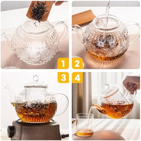 Bandesun Vintage Glass Teapot, Tea Kettle with Removable Infuser 32OZ/1000ml, Borosilicate Glass Pot -Stovetop Safe, Blooming & Loose Leaf Tea Maker Set - Image 5