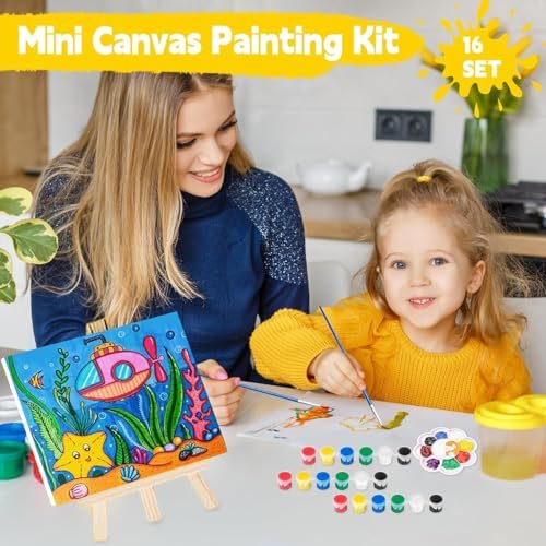 16 Pack Mini Canvas and Easel Set with Acrylic Paint, 4x6 Inch Canvas Painting Kit Includes 16 Easels, Gift Bags & Paint Strips, Complete Art Supplies for Kids Adults Classroom Party Favors - Image 2