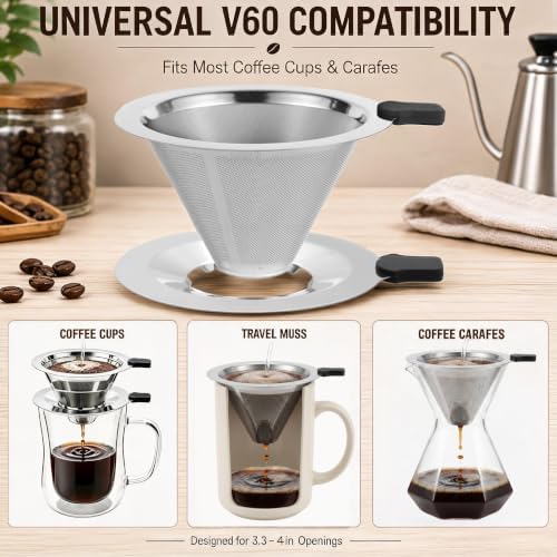 2-in-1 Immersion & Pour Over Coffee Maker,Reusable Stainless Steel Pour Over Coffee Dripper, V60 Style with Detachable Stand, Paperless Metal Coffee Filter for Single Cup Brewing - Image 4
