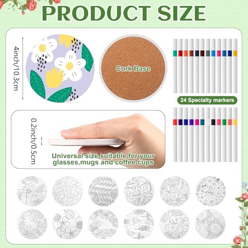 Potchen 12 Pcs Color Your Own Coaster DIY Kits,Nordic Floral - Image 2