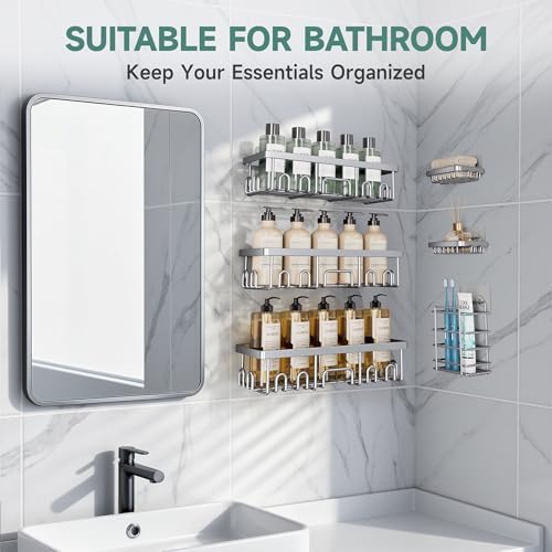 Veken Shower Caddy 6-Pack, No Drilling & Rustproof, Waterproof Adhesive Shelves Rack with Soap Holder, Large Capacity Bathroom Organizers and Storage, Wall-Mounted Kitchen & Home Decor, Bright Silver - Image 5