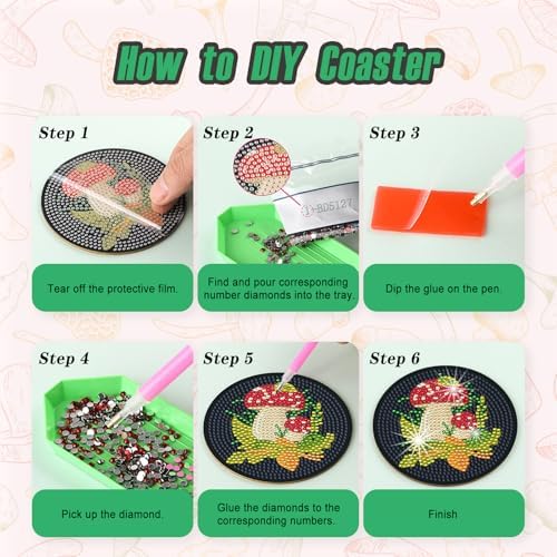 Zynlio Mushroom Diamond Paintings Coasters Kits Set with Holder,Diamond Art, DIY Diamond Crafts Coasters for Adults, Diamond Art Painting Kits for Women, Beginners, Diamond Craft Supplies (Mushroom) - Image 3