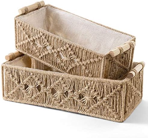 Mkono 2Pc Macrame Storage Basket, Boho Decor Toilet Paper Organizer, Brown - Image 5