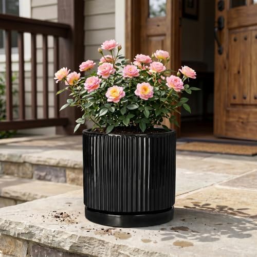 10 Inch Flower Pot, Ceramic Planter, Round Plant Pots, Black - Image 7