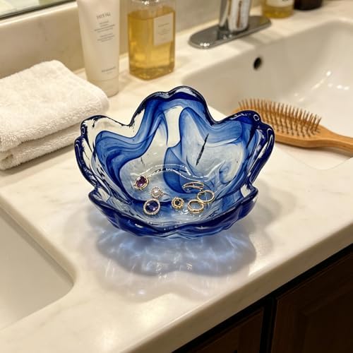 Blue Flower Ring Dish, Small Glass Jewelry Dish Tray, Ring Holder Jewlery Tray Trinket Dish, Bathroom Nightstand Decor Jewelry Bowl Christmas Friendship Birthday Gifts for Women, Soap Dish - Image 4