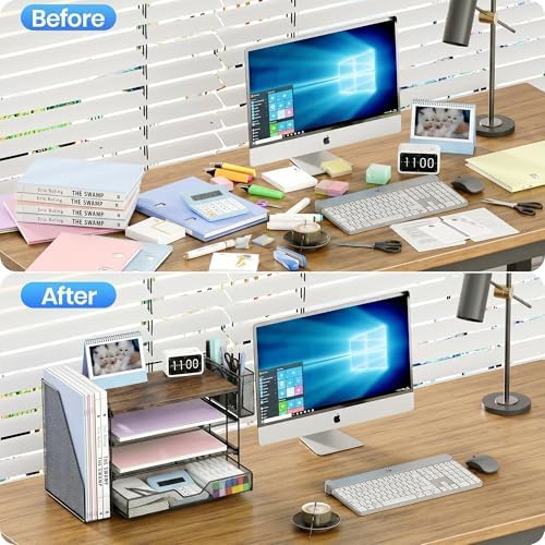 OPNICE Desk Organizers and Accessories, 4-Tier Desktop File Organizer with Drawer and Pen Holders, Office Desk Accessories Workspace Organizers for Office Supplies (Brown) - Image 2
